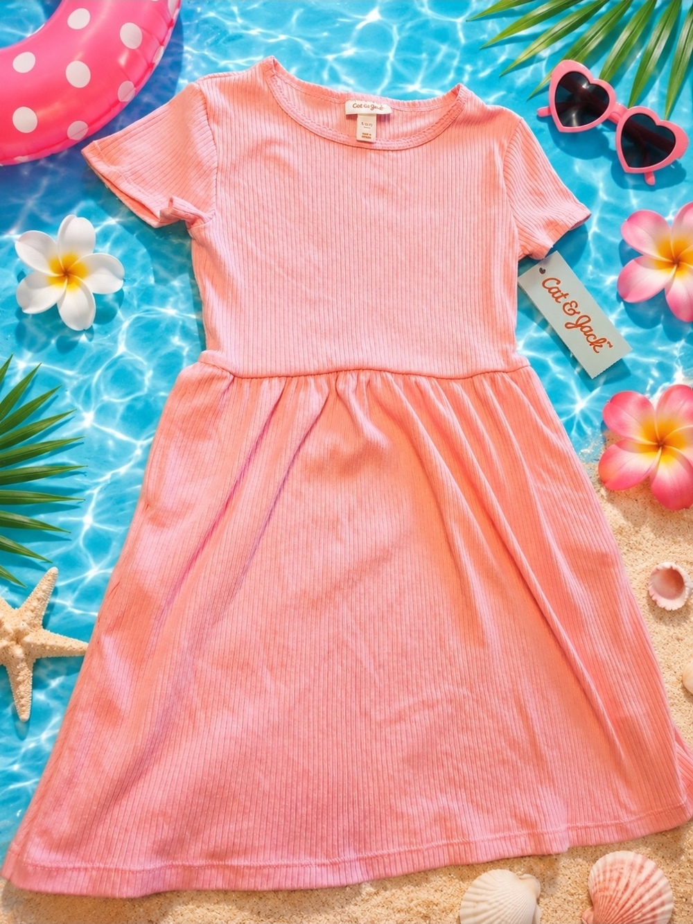 Girls-Pink Ribbed Short-Sleeve Dress